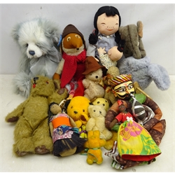  Wombles Orinoco soft toy, Chad Valley elephant, Paddington Bear, Happy Child toys Sooty hand puppet, similar hand puppet, Charlie Bear 'Hector' and other soft toys and puppets in one box  