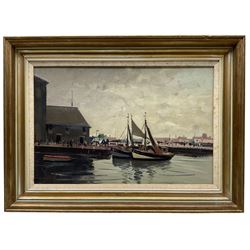 Roy Petley (British 1950-): Fishing Boats by the Quayside Honfleur, oil on panel signed, titled verso 30cm x 45cm