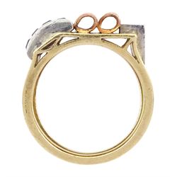 9ct white, yellow and rose gold, calibre cut sapphire abstract design ring