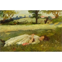  Attrib. William Kay Blacklock (British 1872-1944): Young Woman Resting in the Shade of the Meadow, oil on canvas laid on board unsigned 14cm x 21cm  