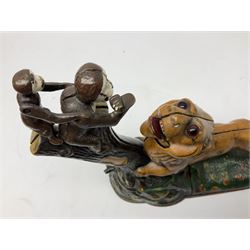 Late 19th century cast-iron mechanical money bank 'Lion and Two Monkeys' by Kyser & Rex with impressed patent mark for 17th July 1883 H25cm L23.5cm