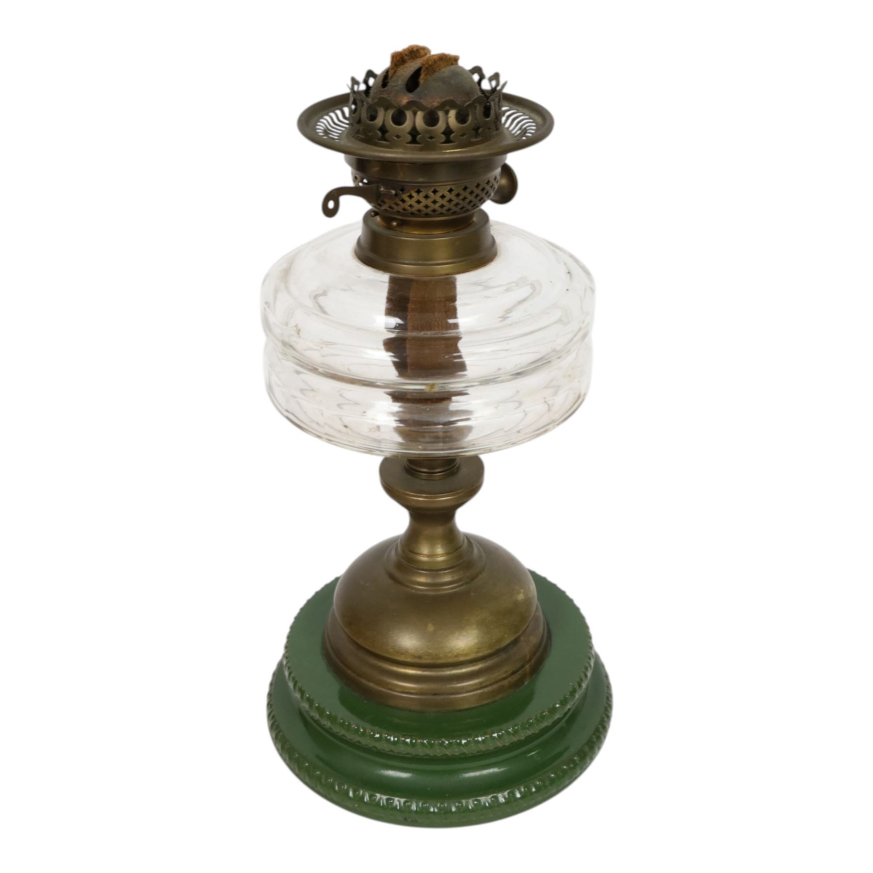 Silvered ceiling light with etched drop shade together with oil lamp with clear glass reservoir, ceiling lamp H38cm