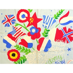  1940's Jaqamar WWII rayon printed scarf 'Les Lauriers De La Victoire', 84cm x 86cm  