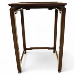 Whytock & Reid, Edinburgh  - Edwardian nest of three Chinese-style solid mahogany occasional tables, rectangular top with finely moulded edge above slim square section legs with subtly chamfered inner edges, joined by H-shaped stretchers, largest W40xD33xH52cm