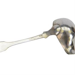 Six Continental/American silver ladles, including American silver Art Nouveau style example with curved leaf handle by Reed & Barton, three German silver examples, a Russian silver example and one other