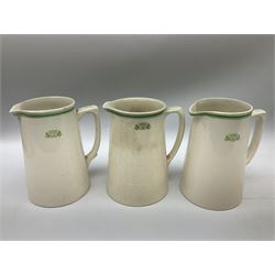 Wilson Line of Hull - five graduated ceramic jugs by Weatherby, Adams and Crown Ducal, largest H22cm, sets of six port and liqueur glasses, four silver plated menu holders and glass ashtray (22)  