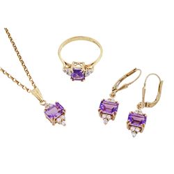 9ct gold amethyst and cubic zirconia jewellery suite including pendant necklace, pair of earrings and a ring, 