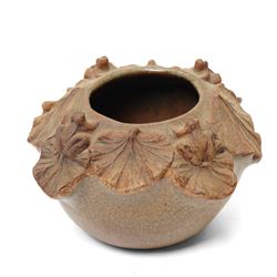 Bernard Rooke (1938-) - small stoneware vase, the rim formed as lily pads and frogs in a b...
