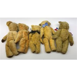 Five English teddy bears 1940s-50s including Pedigree with swivel jointed head, glass eyes, vertically stitched nose and mouth and jointed limbs with velvet paw pads H18