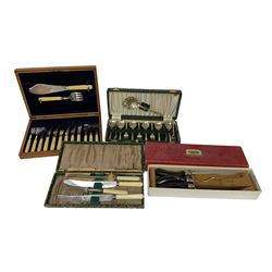 Cased set of silver-plated James Deakin & Sons fish knives and forks with simulated ivory handles, boxed Prestige carving set, other cased cutlery