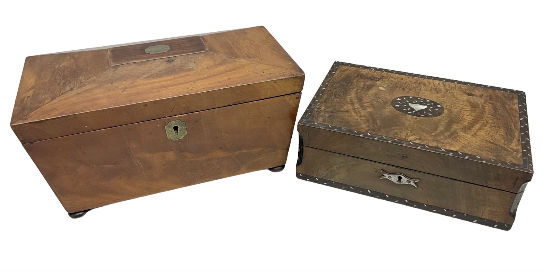 Walnut tea caddy of sarcophagus form, two division lidded interior with a later glass mixing bowl, upon four brass bun feet together with a walnut sewing box with mother of pearl inlaid decoration, tea caddy H16cm