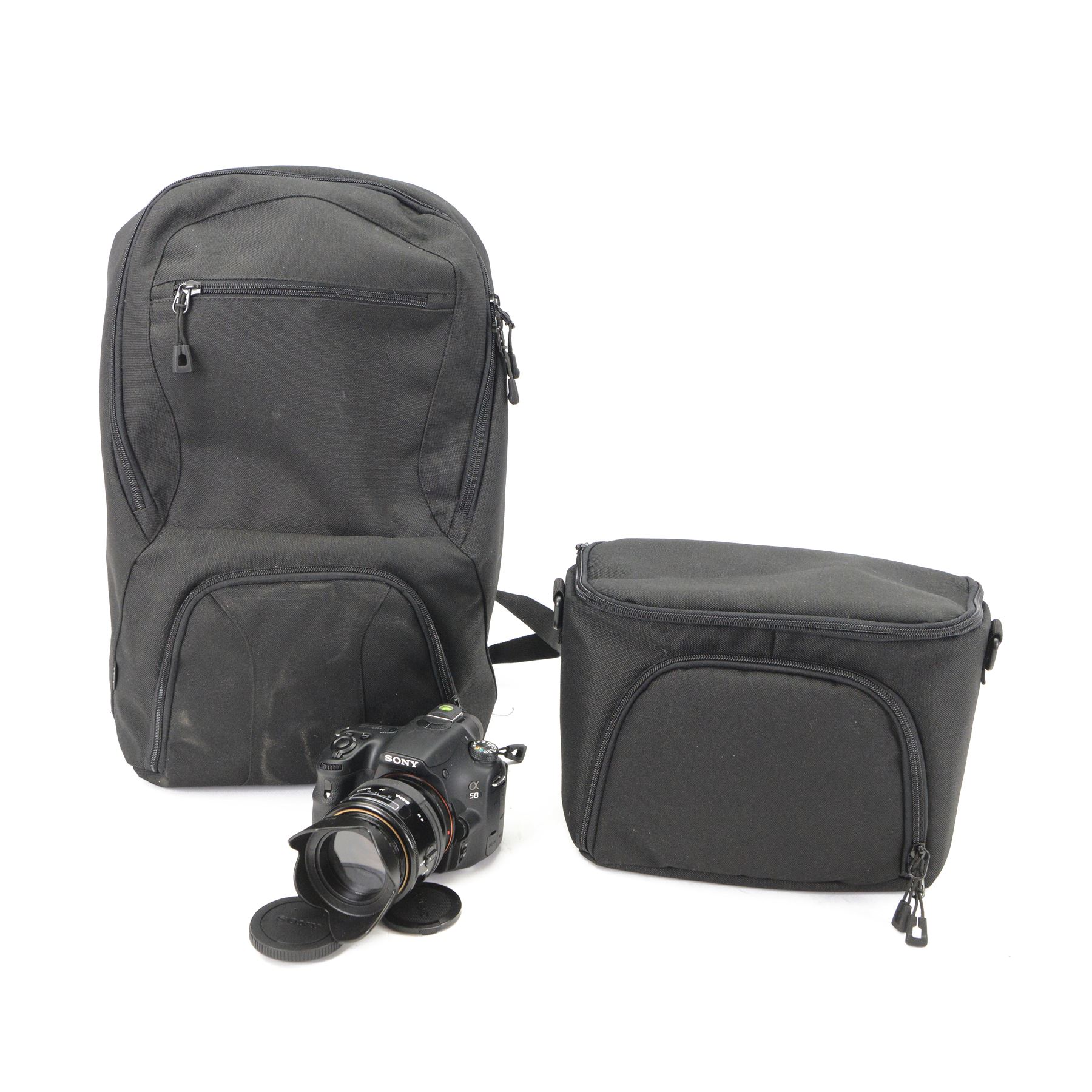 Sony Alpha A58 digital SLT camera serial no. 4656192, with a Sigma AF Macro 1:2.8 f-90mm lens serial no. 2000943, in Huwang soft carry case