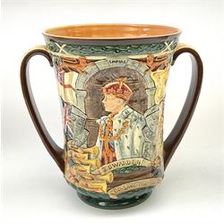 A Royal Doulton Charles Noke and Harry Fenton limited edition Coronation Loving Cup for Edward VIII, 1937, relief moulded with St George to one side and King Edward to the other, with printed marks beneath and numbered 667 of 2000, H26cm. 