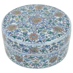 20th century Chinese Doucai box, of circular form, decorated in polychrome enamels with flowers and foliage, with character marks beneath, D18cm, H9cm