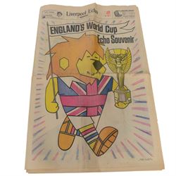 1966 World Cup memorabilia, including Dinner Menu, in honour of 1966 Association Football World Cup Competition, World Championship Jules Rimet Cup Banquet Menu in honour of Fifa, with some indistinct signatures to front cover, National Football Team of Korea leaflet with player signatures, Official Hand Book, three souvenir programmes for the Final between England and West Germany and three World Cup edition magazines and Liverpool Echo World Cup edition