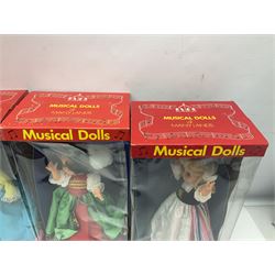 Four Mayfair Products Musical Dolls of Many Lands; original boxes and delivery boxes; and set of twelve Nationality Dolls with Sleeping Eyes; boxed (16)