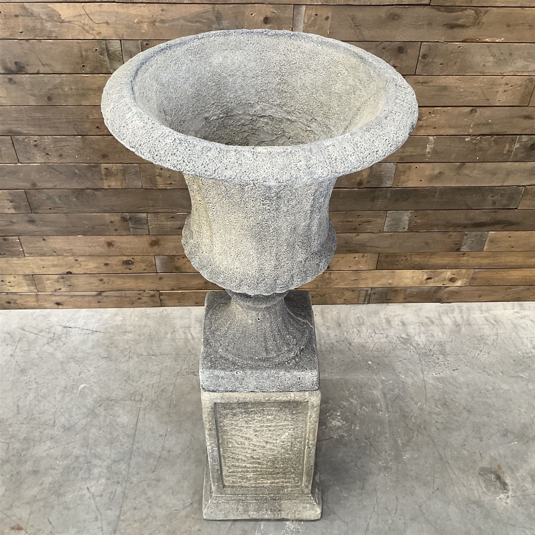 Large Georgian design cast stone garden centre-piece urn, egg and dart border, tapering column on square base, raised on square column