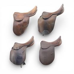 Four leather horse riding saddles, to include an Eldonian Brookes example, largest 48cm