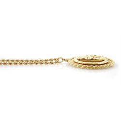 Gold swivel comedy tragedy mask pendant, stamped 14K, with rope twist border, on gold rope twist chain necklace