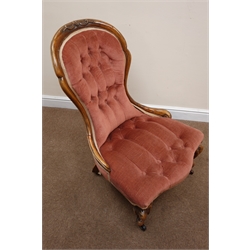  Victorian mahogany framed nursing chair, upholstered in a deep buttoned fabric, cabriole legs, W61cm  
