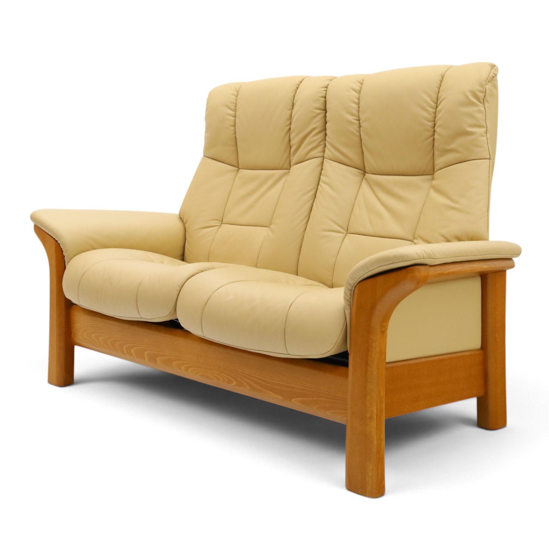 Ekornes Stressless - beech framed reclining two seater sofa, out-swept arms over tapering supports, upholstered in beige leather