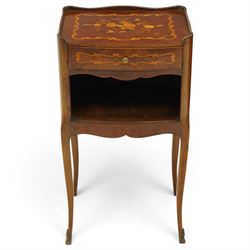 Matched pair of French inlaid floral marquetry bedsides, the three-quarter gallery tray top with central floral bouquet inlay and C-scroll border, one fitted with single frieze drawer over recessed cupboard and shaped apron, the other with three drawers, raised on tapering cabriole supports, with brass cartouche feet