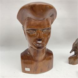 20th century wooden carvings from the Solomon Islands, including female bust in headdress, turtle etc  