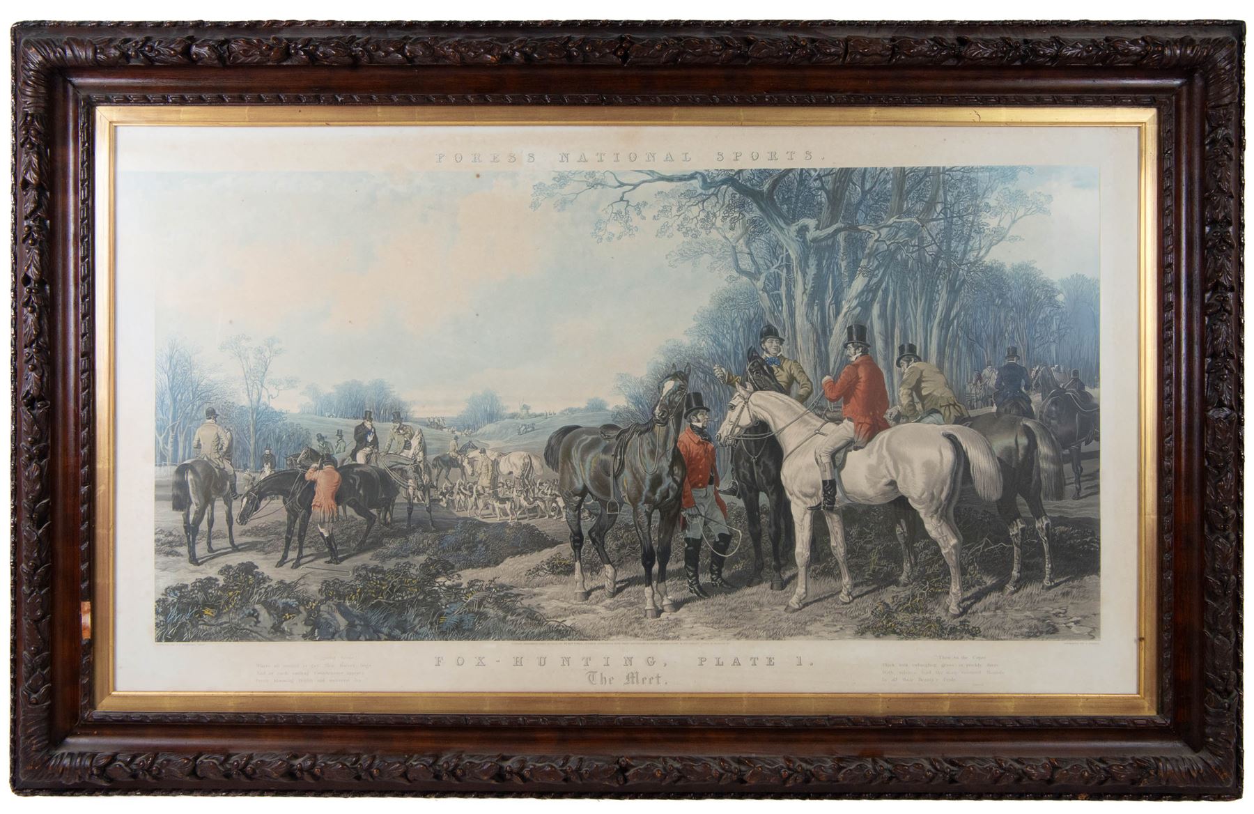 John Frederick Herring Senior (British 1795-1865): 'Fox Hunting - The Meet, The Find, The Run, The Kill',  set of four elephant folio aquatints by J. Harris, from Fores's National Sports, housed in ornate carved frames, aquatints 63cm x 114cm, overall size 88cm x 140cm (4)