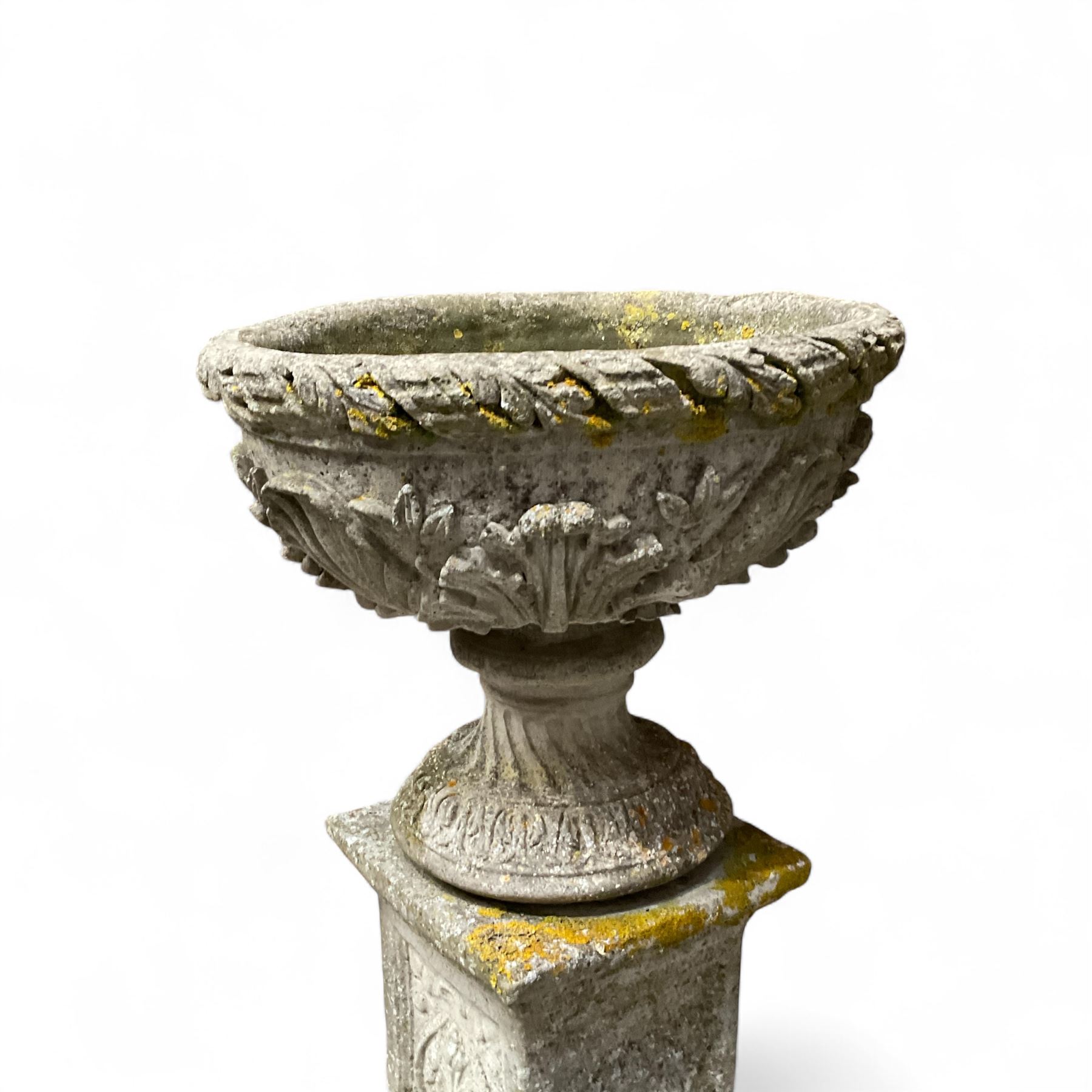 Pair of cast stone ornate garden urns, on plinth bases