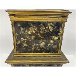 19th century French jewellery box in the form of a miniature cabinet, the faux tortoiseshell mounted with gilt metal, each door decorated with landscape panels, H27cm   
