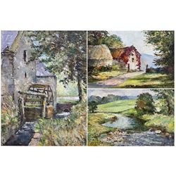 Ken Johnson (British 20th century): Mill Cottage and River Landscape, set three oils signed max 35cm x 45cm