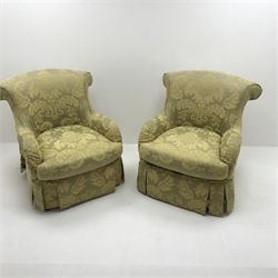 Pair fan back armchairs upholstered in classic gold fabric with floral pattern, W83cm