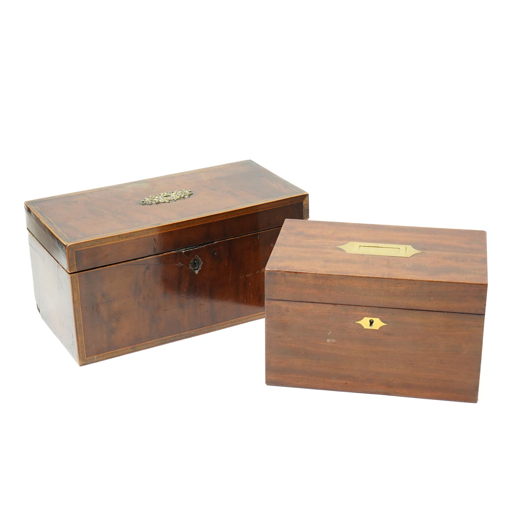 19th century mahogany tea caddy with covered interior and glass bowl, countersunk brass handle W23cm and a crossbanded mahogany sewing box (2)