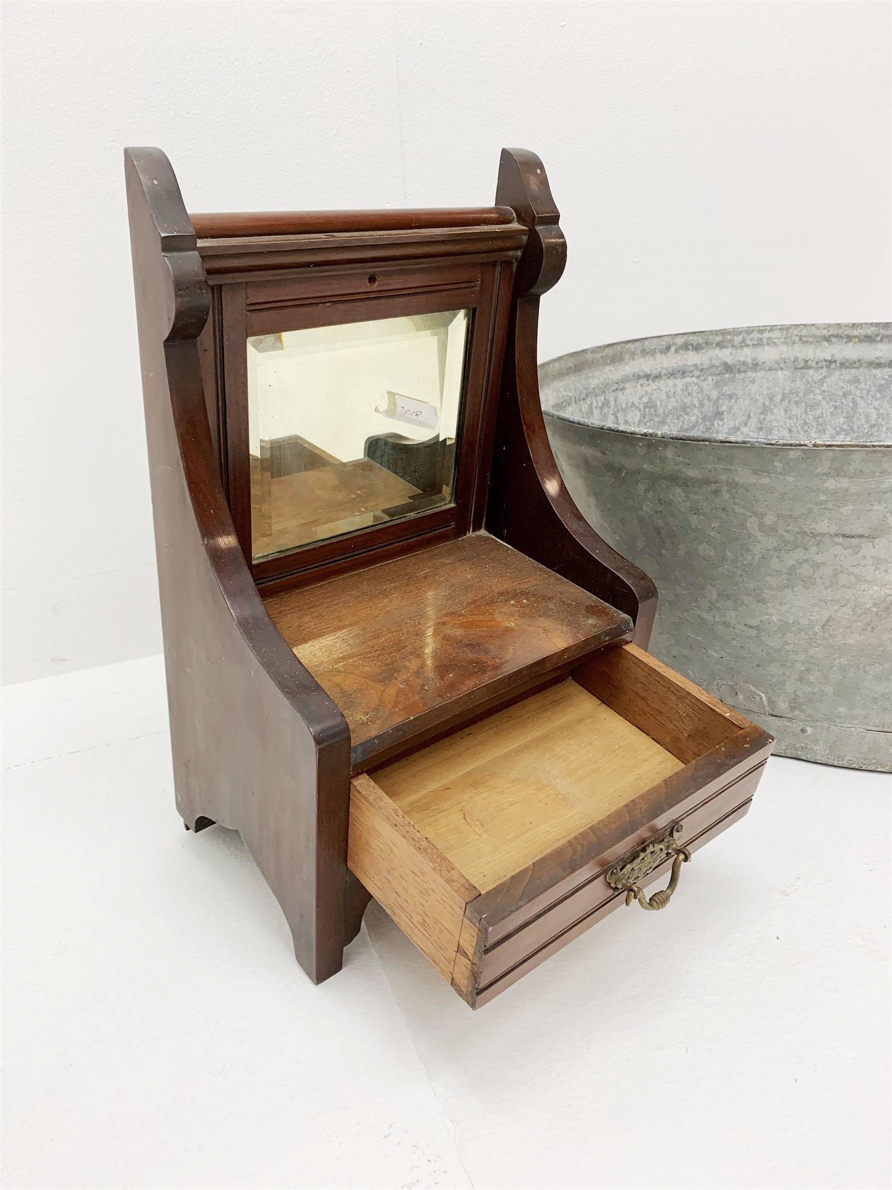 A Vintage galvanised wash tub, L75cm, together with an Edwardian walnut mirrored wall chest (formerly part of a dressing table). 