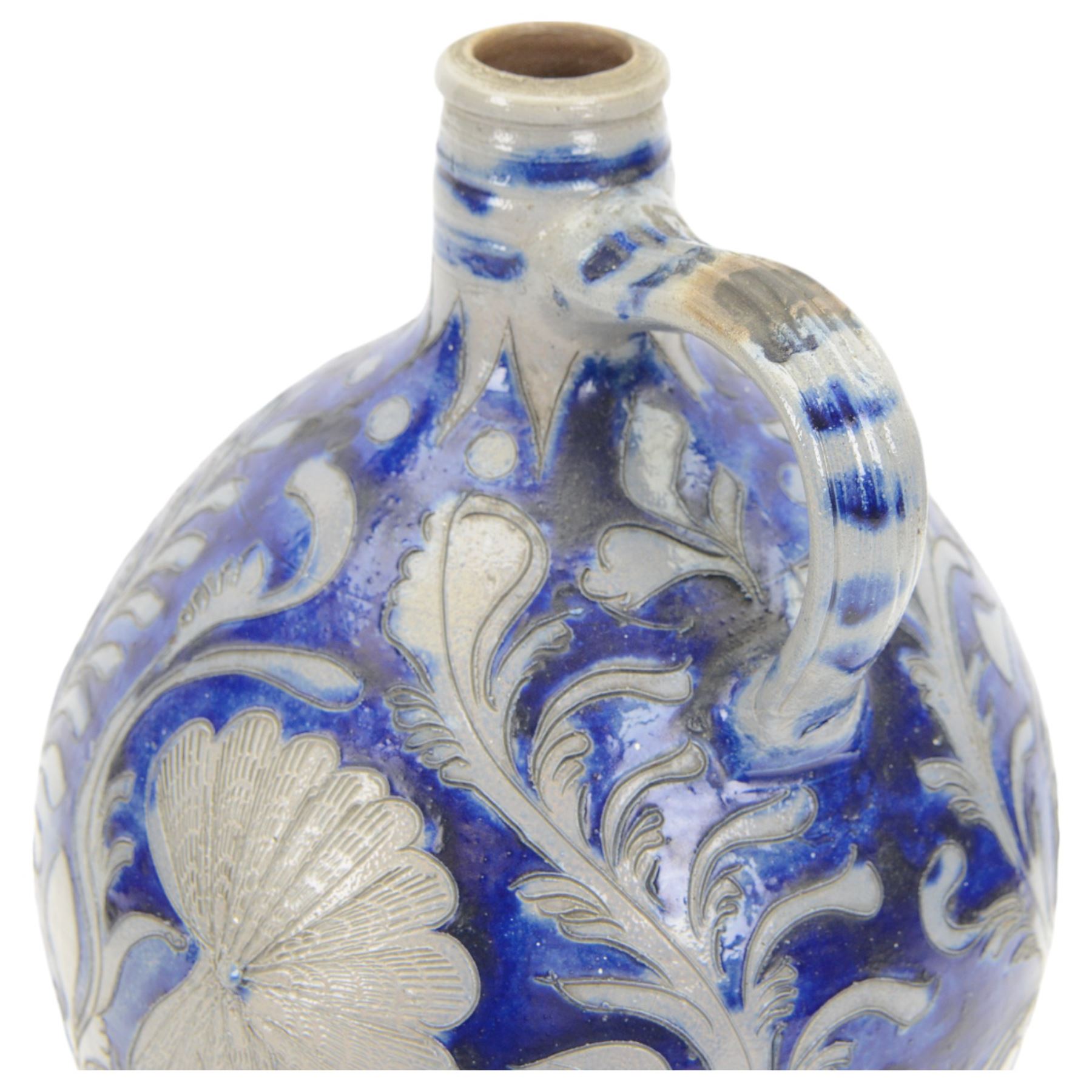 19th century German salt glazed flagon, decorated with foliage and floral sprigs, H36cm