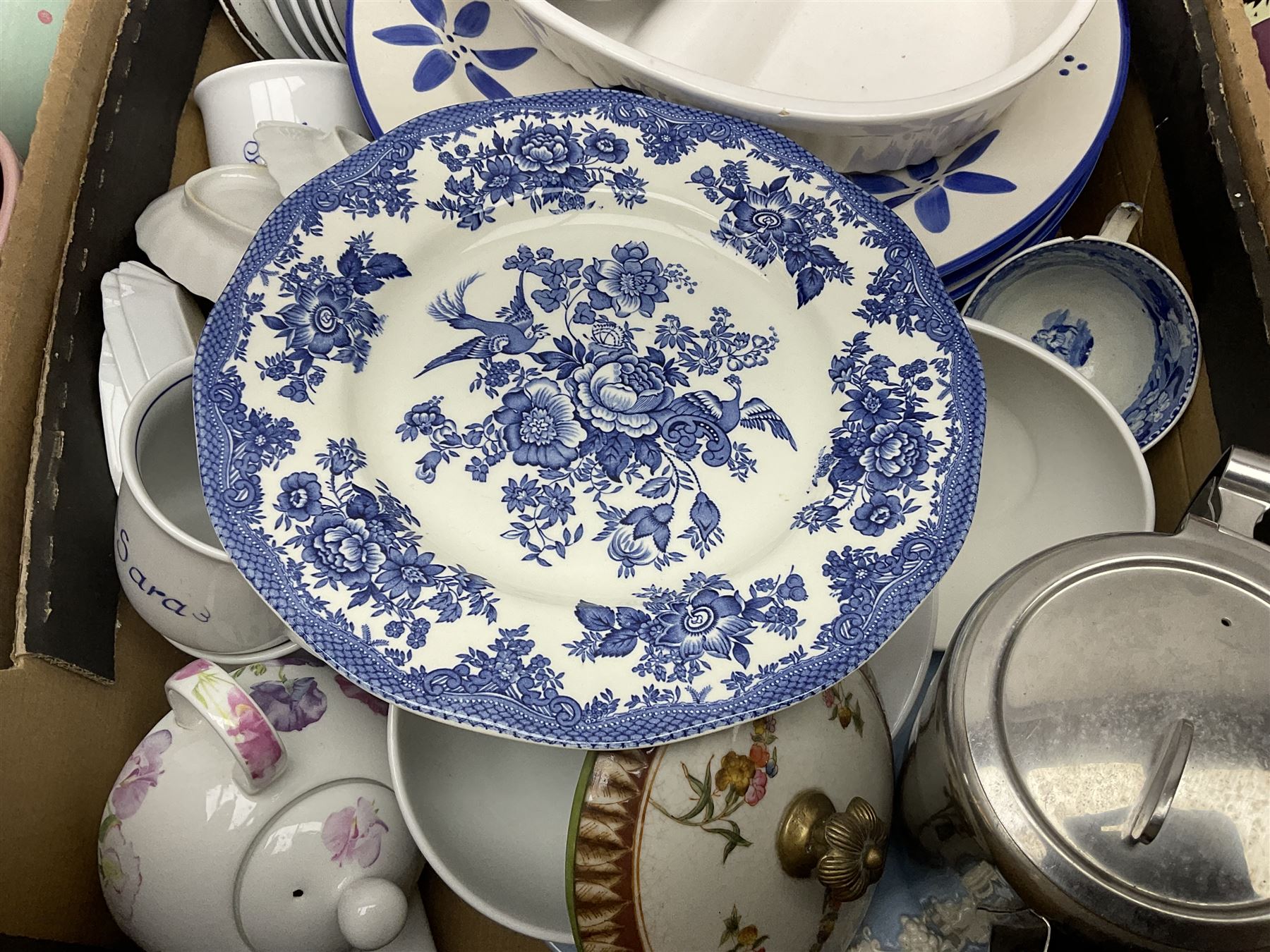 Four large meat platters, Royal Worcester Bunnykins mug and a large collection of other ceramics, including vases, dinner plates, teawares, etc, in five boxes 