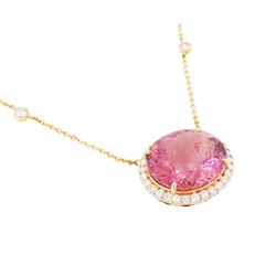18ct rose gold pink tourmaline and diamond pendant necklace, oval cut tourmaline of 15.41 carat, surrounded by round brilliant cut diamonds, to a trace link chain necklace set with four diamonds, stamped 750, total diamond weight 1.22 carat, with World Gemological Institute report