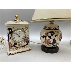 Masons Ironstone Mandalay pattern wares, to include table lamp, pair of candlesticks, clock, pair of vases, footed dish, dinner plates etc (18)