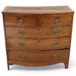 19th century mahogany bow-front chest, fitted with two short and three long graduating cock-beaded drawers, on bracket feet 
