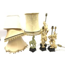 Four Chinese Ivory style figural table lamps, tallest H59cm together with a Jade style table lamp modelled as a rearing horse (5)
