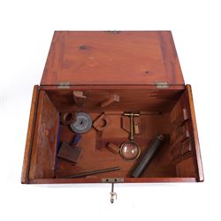 19th century brass binocular microscope by R&J Beck, 31 Cornhill London, numbered 6386, with rack and pinion focusing, housed in wooden case with case of accessories, including eyepieces, objective lenses and condenser