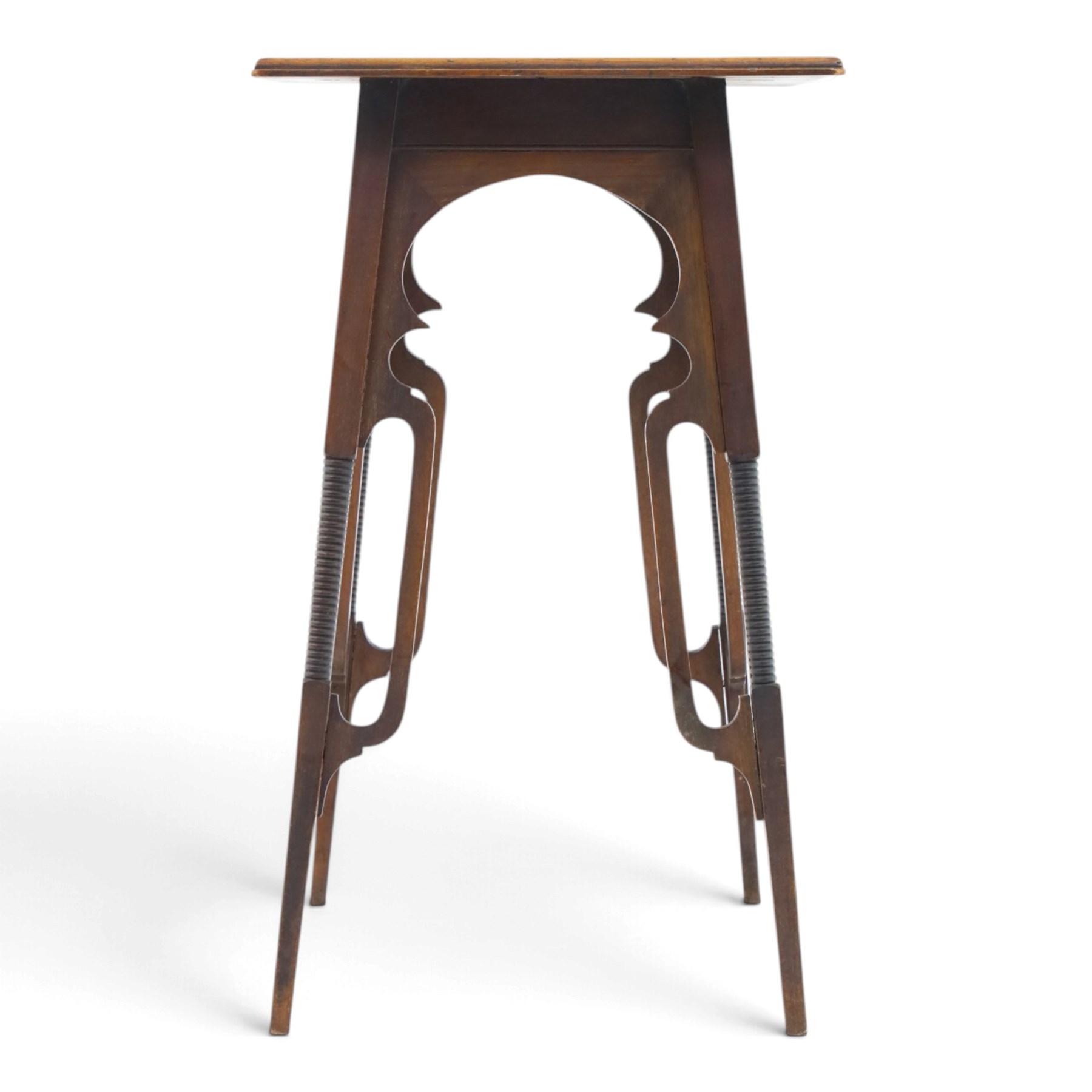 Art Nouveau design mahogany side table, square moulded top over pierced scroll shaped aprons, on four openwork supports