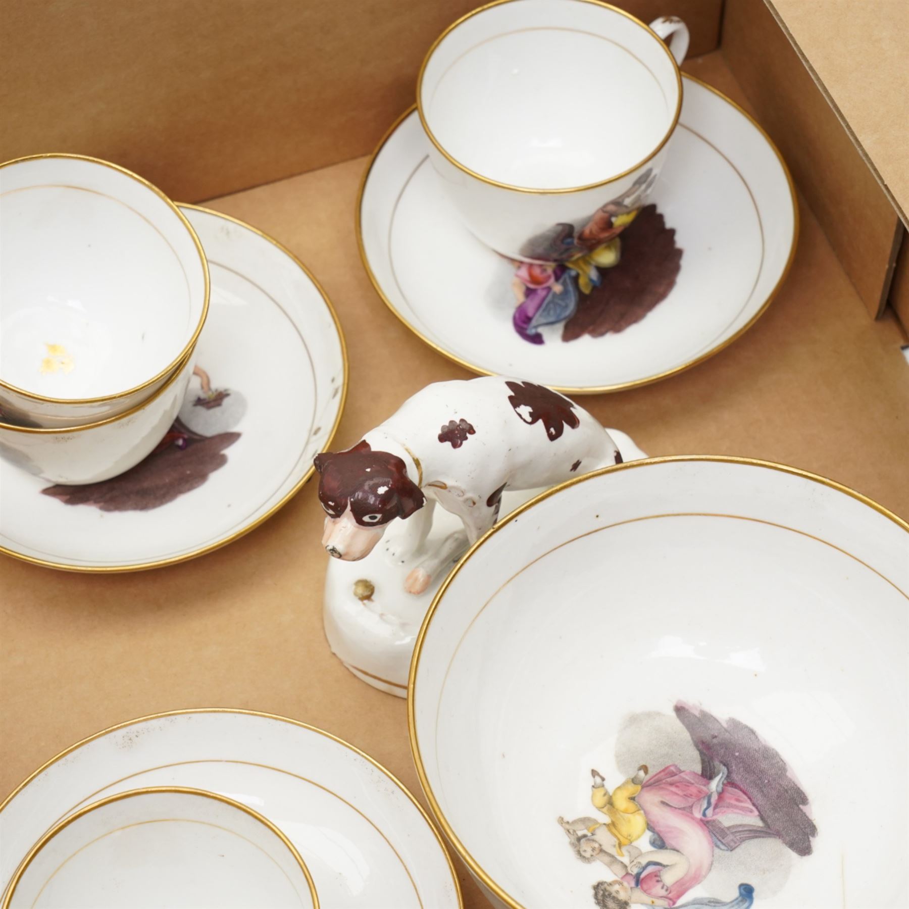 Sunderland lustre saucer dish by Dawson & Co, collection of 19th century teaware decorated with mother and child scenes after Adam Buck, 19th century nursery plate, 19th century style Satyr mask jug but later, etc