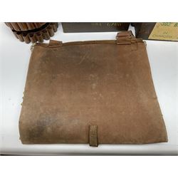 Miscellaneous shooting accessories - W.J. Bowman & Sons clay pigeon launcher; two leather cartridge belts; three cartridge bags; two canvas/leather game bags; and two metal/wooden cartridge boxes