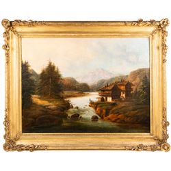 Continental School (19th century): German Alpine River Landscape, large oil on canvas in moulded gilt frame 66cm x 90cm