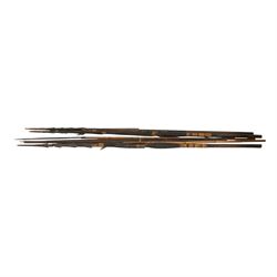 Papua New Guinea tribal fishing spears, together with carved boat 