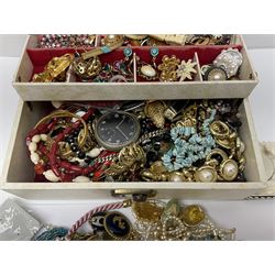 Norweigian silver enamel leaf brooch by David Andersen, together with a military issue pocket watch and a collection of costume jewellery including pair of clip on earrings by Butler & Wilson, beaded jewellery, brooches, etc