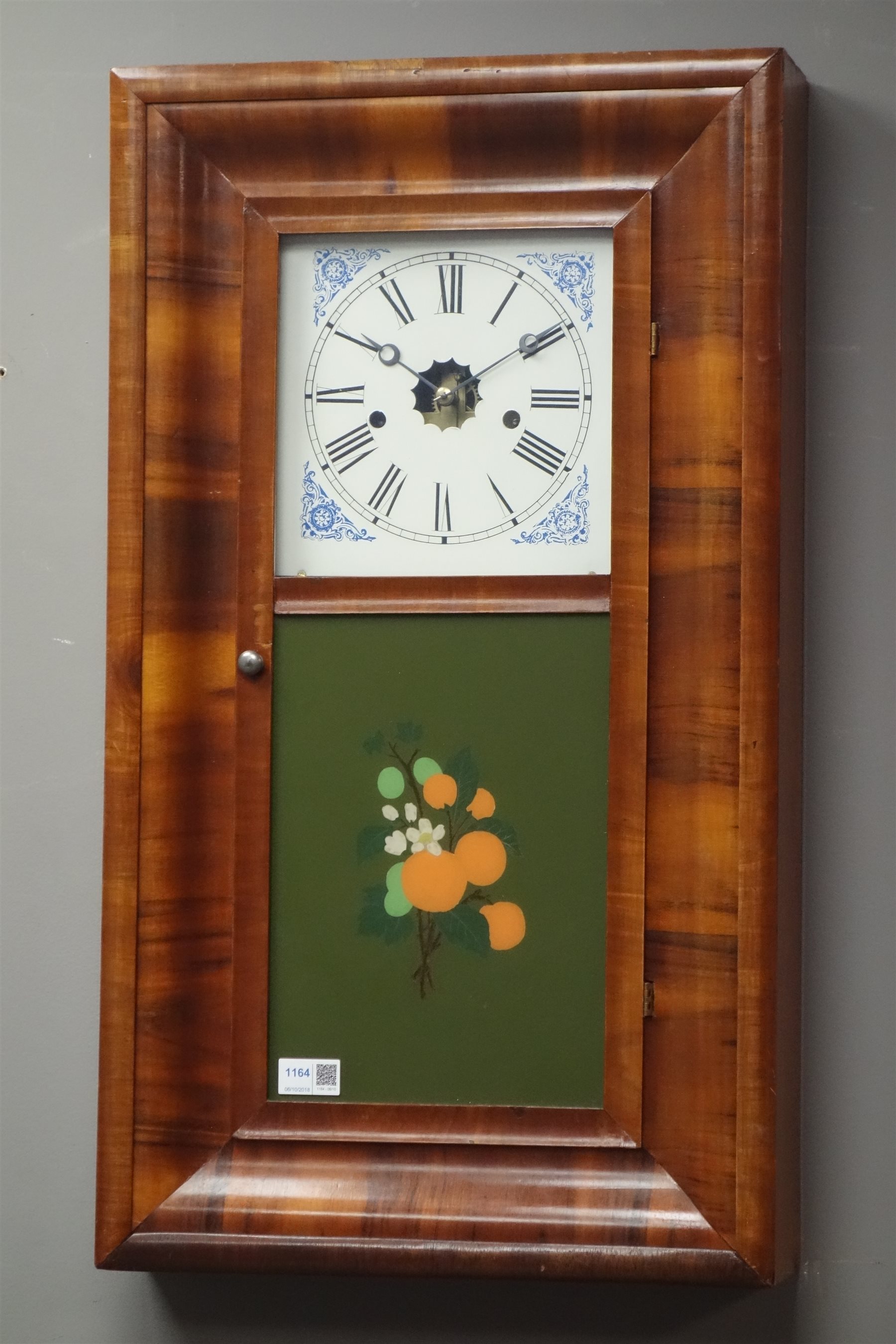 19th century American mahogany wall hanging clock, hinged glazed door