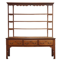  18th century and later dresser, four tier open back with projecting cornice and shaped frieze,  base with rectangular top above three drawers, on vase shaped supports, W186cm, H213cm, D49cm  