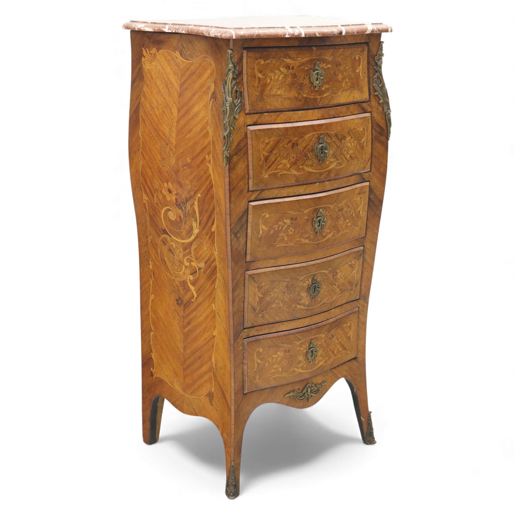 20th century Louis XV style kingwood chest, serpentine rectangular rouge marble top above five graduated drawers with ornate gilt metal handles and escutcheons, the sides inlaid with floral marquetry panels, raised on shaped cabriole supports